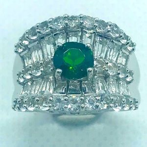Silver, Vintage Natural Green Tourmaline & Cubic Zirconium Cocktail Ring, Size 7